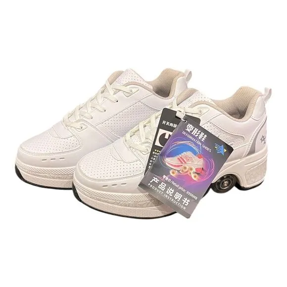 Deformation Roller Skate Shoes Retractable Wheels White Womens Size 9.5