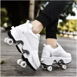 Deformation Roller Skate Shoes Retractable Wheels White Womens Size 9.5