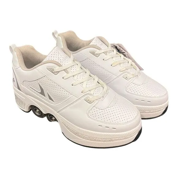 Deformation Roller Skate Shoes Retractable Wheels White Womens Size 9.5