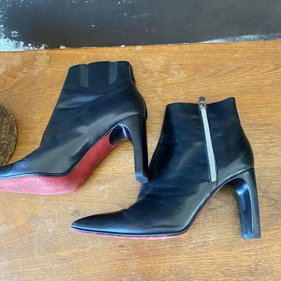 Donald Pliner 8.5M Red Bottom Stiletto Zipper Boots Black Red Leather Square Toe