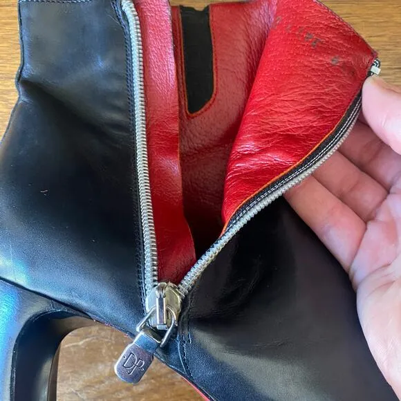 Donald Pliner 8.5M Red Bottom Stiletto Zipper Boots Black Red Leather Square Toe