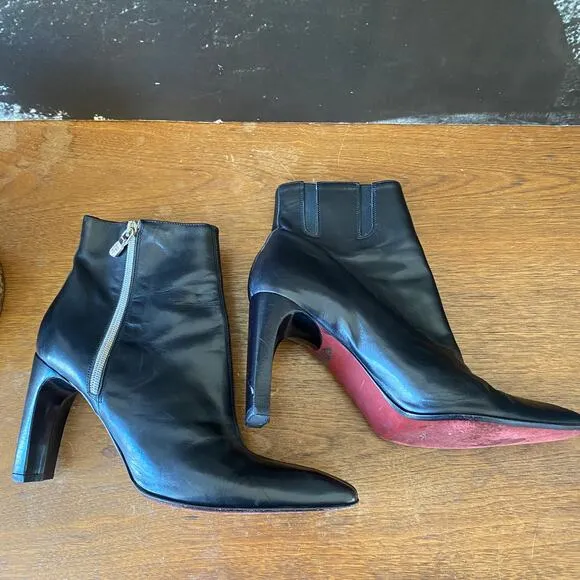 Donald Pliner 8.5M Red Bottom Stiletto Zipper Boots Black Red Leather Square Toe