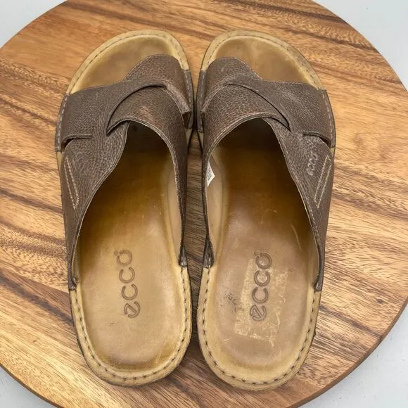 Ecco Sandals Mens Size 12 Slide Flip Flop Brown Leather Slip On Comfort Walking