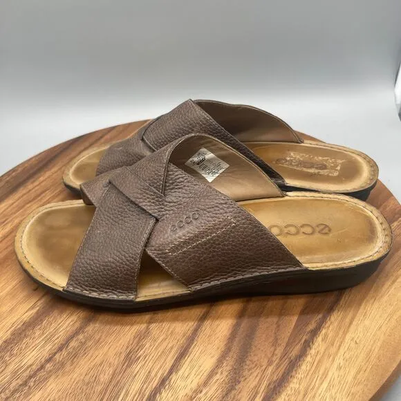 Ecco Sandals Mens Size 12 Slide Flip Flop Brown Leather Slip On Comfort Walking