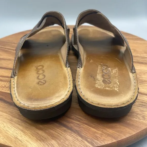 Ecco Sandals Mens Size 12 Slide Flip Flop Brown Leather Slip On Comfort Walking