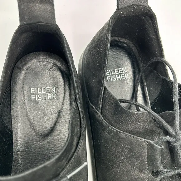 Eileen Fisher Kipling Black Sneakers Lace up Tumbled Nubuck leather Shoes Sz 8