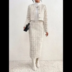 Elegant Plaid Pattern Skirt Set, Single Breasted Long Sleeve Jacket &amp; High Waist