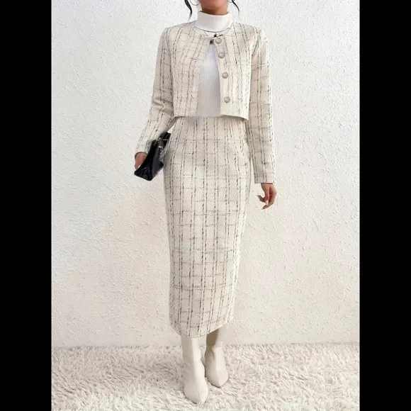 Elegant Plaid Pattern Skirt Set, Single Breasted Long Sleeve Jacket &amp; High Waist
