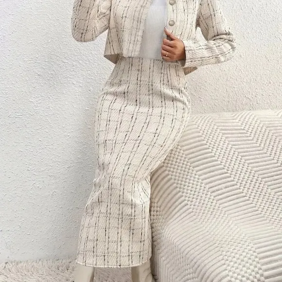 Elegant Plaid Pattern Skirt Set, Single Breasted Long Sleeve Jacket &amp; High Waist
