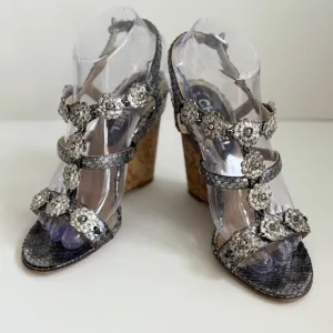 Elegant Women's CHANEL Wedge Sandals with Floral Accents