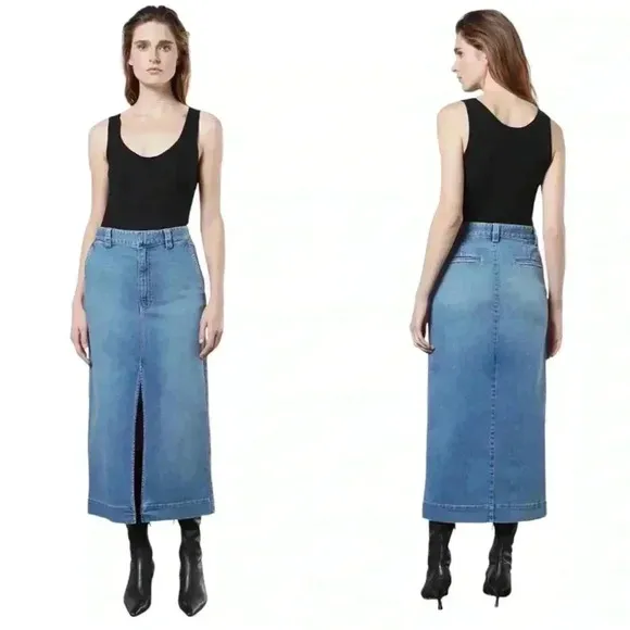 ENZA COSTA SKIRT WOMENS MEDIUM SOFT TOUCH FRONT SLIT DENIM JEAN COTTON BLEND