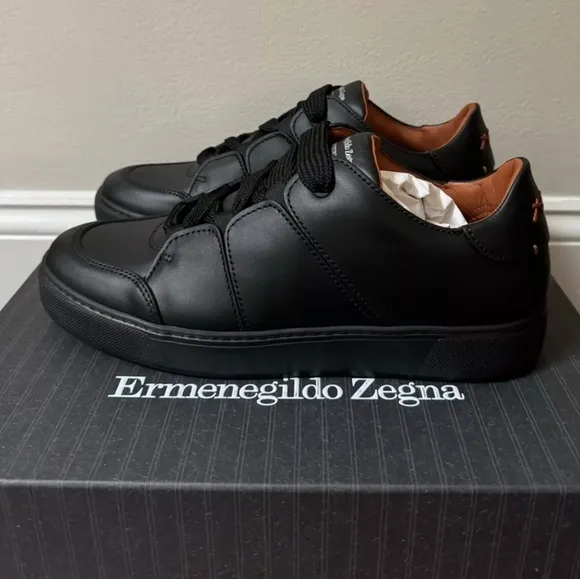 Ermenegildo Zegna Tiziano Black Pelle Leather Sneakers Men’s Size US 10