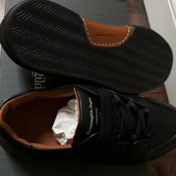 Ermenegildo Zegna Tiziano Black Pelle Leather Sneakers Men’s Size US 10