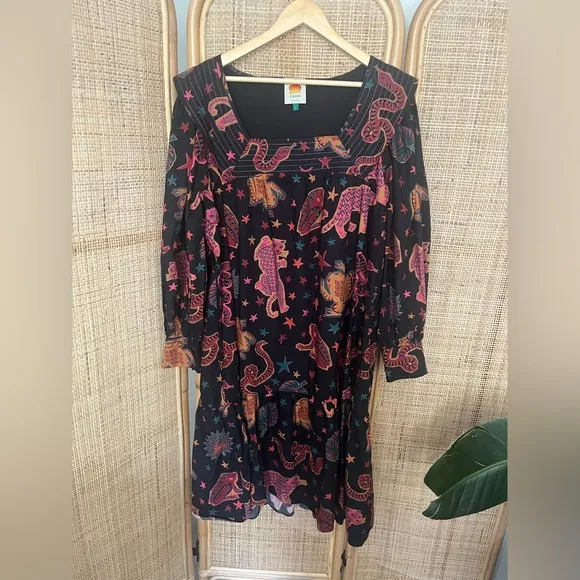 Farm Rio Black Animal Sky Midi Dress
