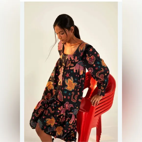 Farm Rio Black Animal Sky Midi Dress