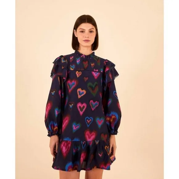 FARM RIO Navy Ikat Dyed Hearts Mini Dress