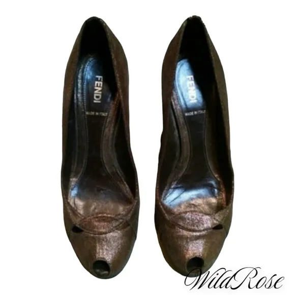 Fendi Bronze Leather Cut Out Perp Toe Pumps