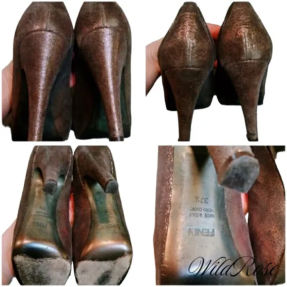 Fendi Bronze Leather Cut Out Perp Toe Pumps