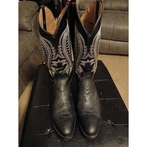 FERRINI BLACK TEJU LIZARD &amp; LEATHER UPPER RND TOE COWBOY BOOTS 1361104 Mens 12 D