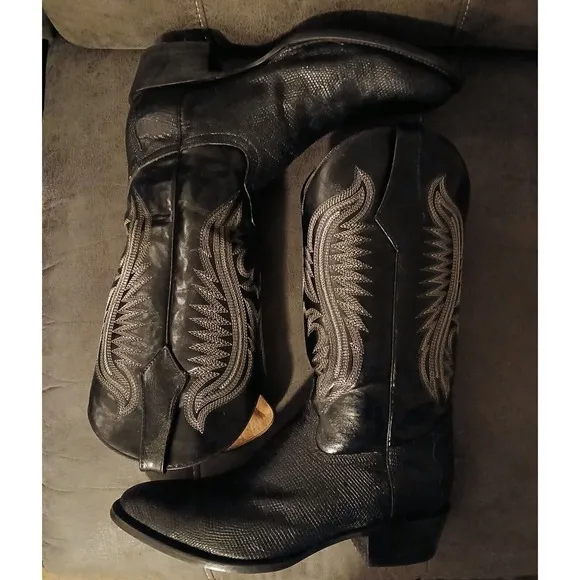 FERRINI BLACK TEJU LIZARD &amp; LEATHER UPPER RND TOE COWBOY BOOTS 1361104 Mens 12 D