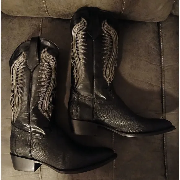FERRINI BLACK TEJU LIZARD &amp; LEATHER UPPER RND TOE COWBOY BOOTS 1361104 Mens 12 D