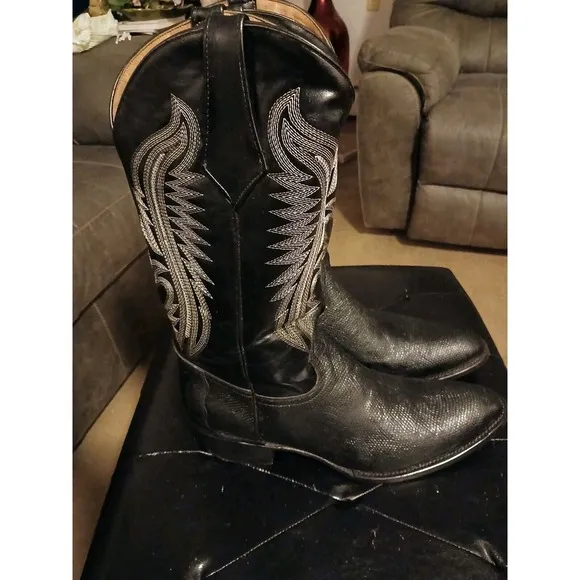 FERRINI BLACK TEJU LIZARD &amp; LEATHER UPPER RND TOE COWBOY BOOTS 1361104 Mens 12 D