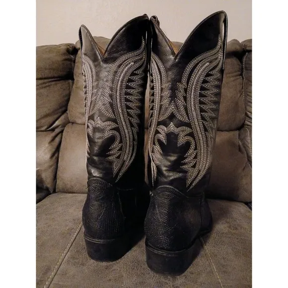 FERRINI BLACK TEJU LIZARD &amp; LEATHER UPPER RND TOE COWBOY BOOTS 1361104 Mens 12 D
