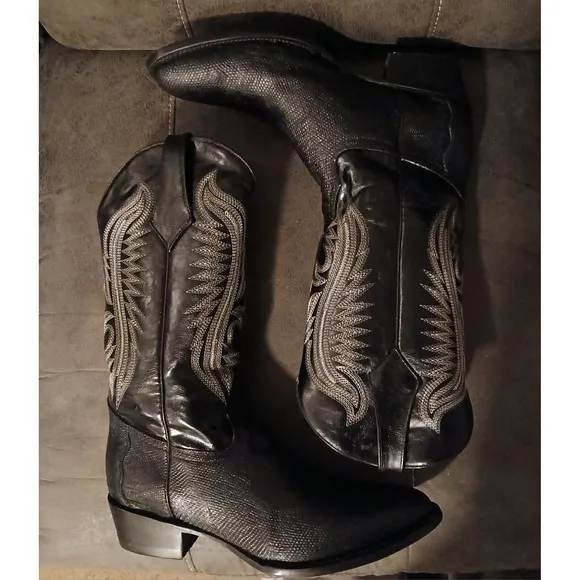 FERRINI BLACK TEJU LIZARD &amp; LEATHER UPPER RND TOE COWBOY BOOTS 1361104 Mens 12 D