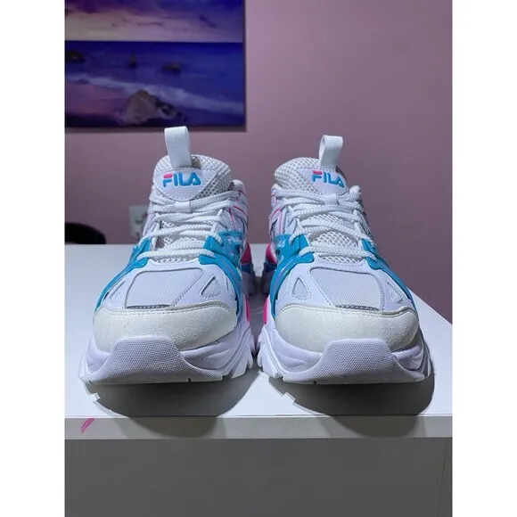 Fila Electrove 2 Chunky Sneakers Womens 9.5 White Pink Blue 90s Leather Textile