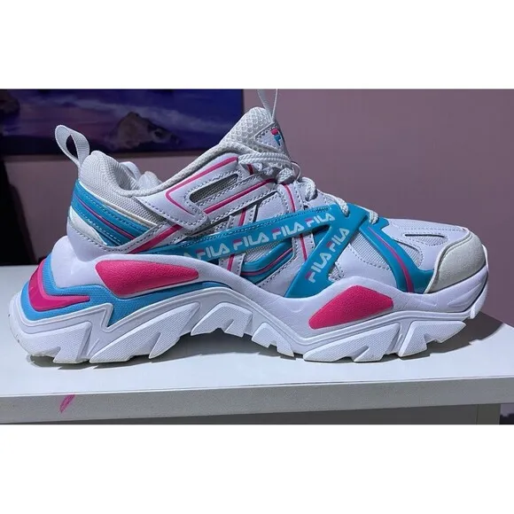 Fila Electrove 2 Chunky Sneakers Womens 9.5 White Pink Blue 90s Leather Textile