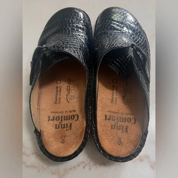 FINN COMFORT Venice Clogs Slides Mules 42 / 11 - 11.5 Black Croc Patent Leather