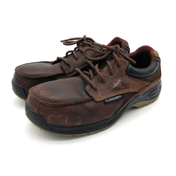 Florsheim Mens Leather Steel Toe Work Shoes Size 7.5 EEE Lace Up Brown