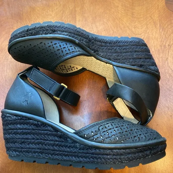 FLY London Etic Black Leather Wedge Espadrille Sandal Women's Size 6.5 - 7