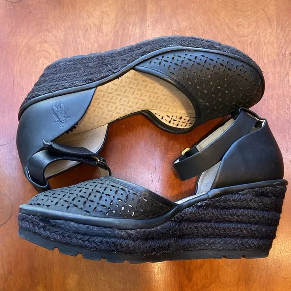FLY London Etic Black Leather Wedge Espadrille Sandal Women's Size 6.5 - 7