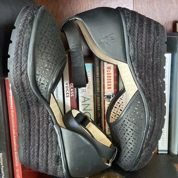 FLY London Etic Black Leather Wedge Espadrille Sandal Women's Size 6.5 - 7
