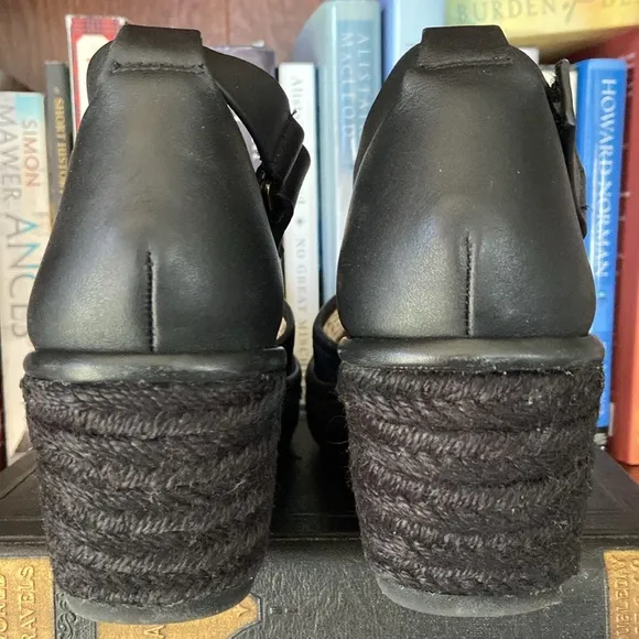 FLY London Etic Black Leather Wedge Espadrille Sandal Women's Size 6.5 - 7