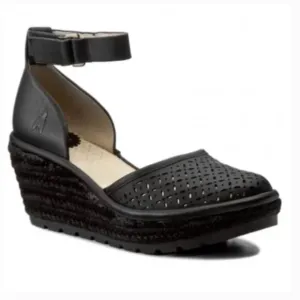 FLY London Etic Black Leather Wedge Espadrille Sandal Women's Size 6.5 - 7
