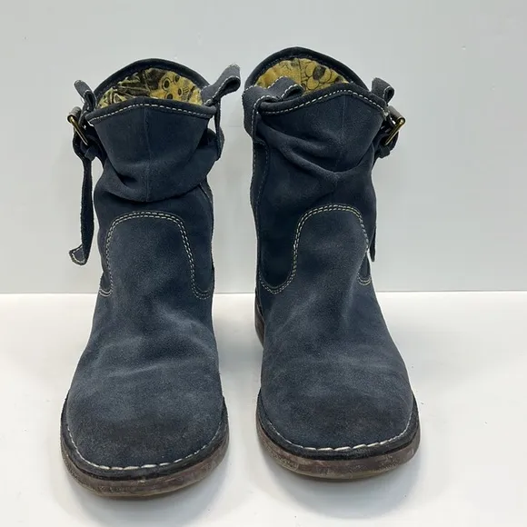 Fly London Round Toe Suede Biker Boots w/ Buckle Design Color Blue Size 38