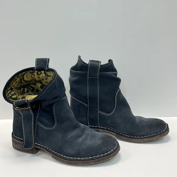 Fly London Round Toe Suede Biker Boots w/ Buckle Design Color Blue Size 38