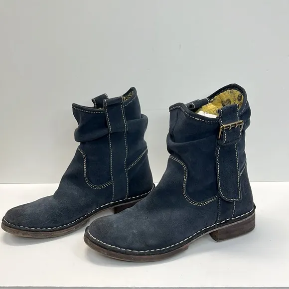 Fly London Round Toe Suede Biker Boots w/ Buckle Design Color Blue Size 38