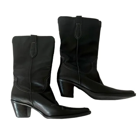 Franco‎ Sarto Cowboy Boots Size 6.5 Black Leather 2&quot; Heel
