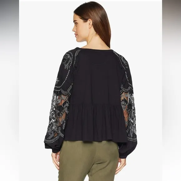 Free People Embroidered Penny Tee black silver peplum flowy puff sleeve top XS