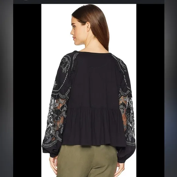 Free People Embroidered Penny Tee black silver peplum flowy puff sleeve top XS