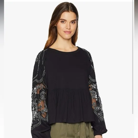 Free People Embroidered Penny Tee black silver peplum flowy puff sleeve top XS
