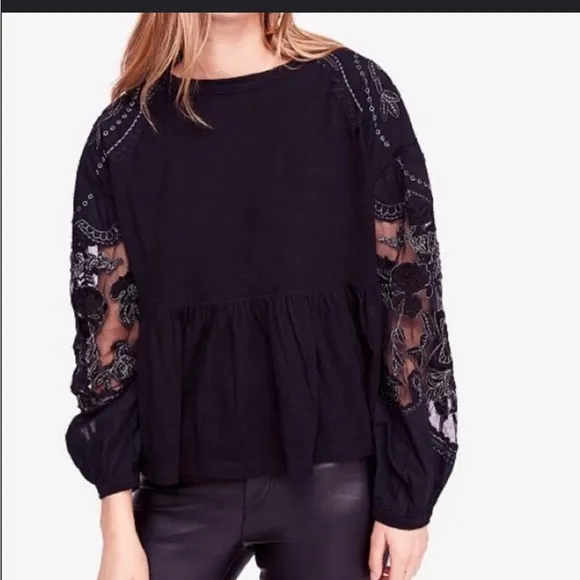 Free People Embroidered Penny Tee black silver peplum flowy puff sleeve top XS