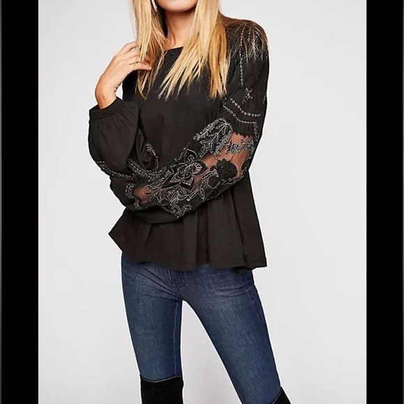 Free People Embroidered Penny Tee black silver peplum flowy puff sleeve top XS