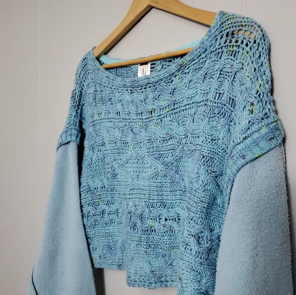 Free People Honey Cable Pullover Sweater Blue Multicolor Knit Fleece XS