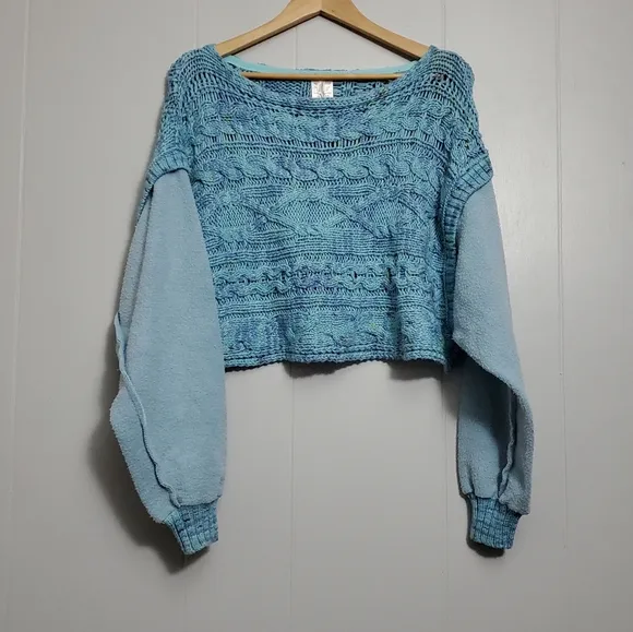 Free People Honey Cable Pullover Sweater Blue Multicolor Knit Fleece XS