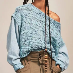 Free People Honey Cable Pullover Sweater Blue Multicolor Knit Fleece XS