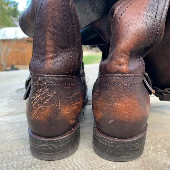 Frye slouchy brown distressed leather pullon boots